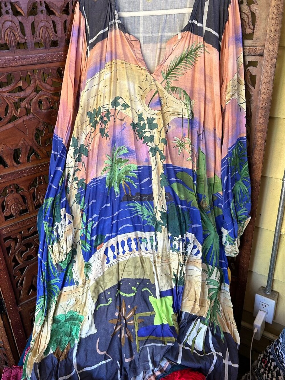 Hand Crafted Peach, Blue & Green Tropical Midi Dress.nwot